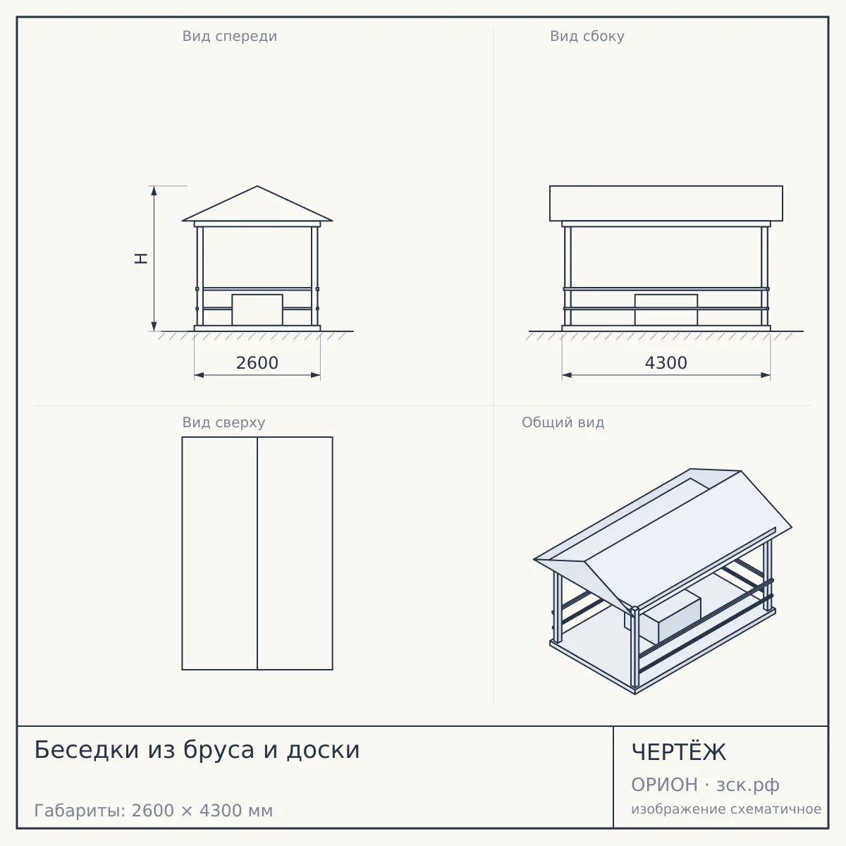 Беседки из бруса и доски — чертёж